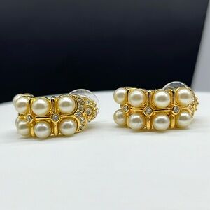 Signed Nolan Miller gold tone faux pearl and crystal open hoop earrings